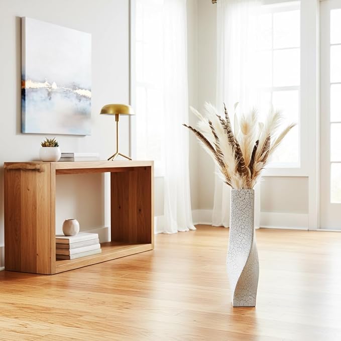 Tall Vases On Floor, 23.62" Twisted Geometric Flower Vase for Home, Living Room, Flower Centerpieces, Shelf, Table, Decor, White Crackle Vase