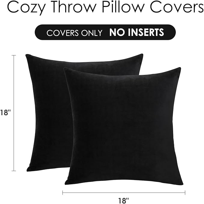 Throw Pillow Covers Decorative Velvet Set of 2 18x18 Inch Pillow Covers, Soft Black Pillowcases for Couch Sofa Bed Living Room, Farmhouse Home Boho Decor, Square Accent Cushion Covers