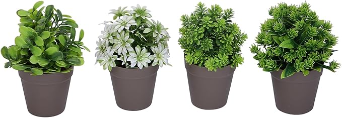 VENTO 4 Pack Fake Artificial Plants with Brown Pots, Realistic Succulent, shrubs Potted Plants for Home, Kitchen, Bathroom, and Office Decor, Durable Non-Toxic Plastic, UV Resistant, Easy to Clean