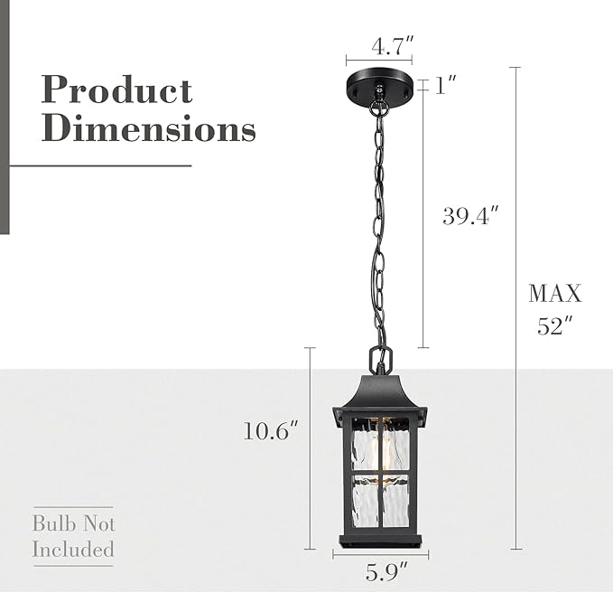 Emliviar Modern Outdoor Hanging Lantern with Dusk to Dawn Sensor, 10.6 Inch Pendant Lighting Fixture for Porch in Black Finish, Water Ripple Glass, YXE306H-PC BK-SW