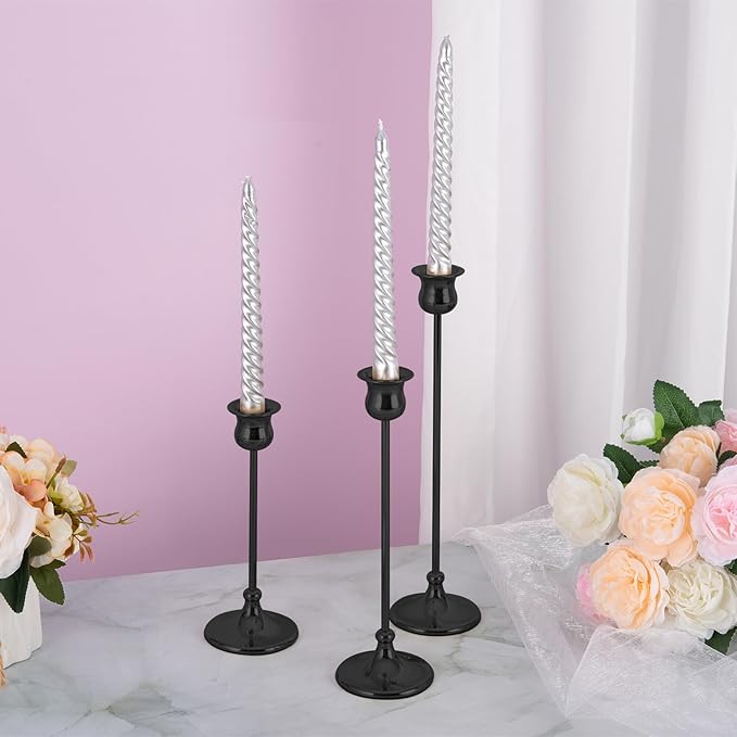 Metal Candle Holder Taper Candlestick Holders for Candle Sticks Vintage Candelabra for Halloween Thanksgiving Christmas (Matt Black, 1 Set (3 pcs))