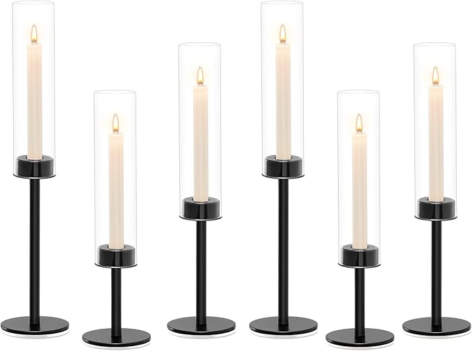 Black Hurricane Candle Holders Set of 6, Tall Metal & Windproof Glass Taper Candle Holders, Outdoor/Indoor Table Centerpieces for Weddings, Christmas, Parties, Fireplace Decor
