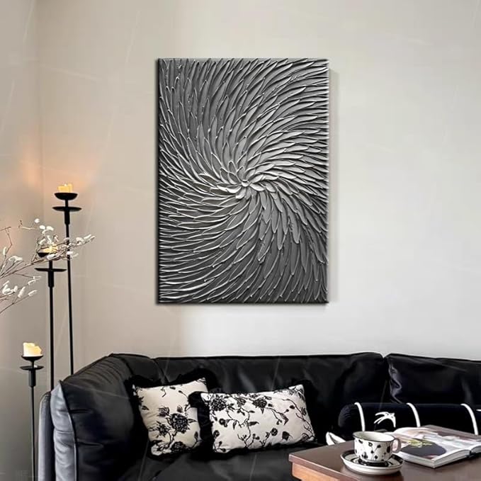YaSheng Art - 3D Abstract Art Oil Paintings on Canvas Texture Silver Gray Color Abstract Artwork Modern Home Decor Canvas Wall Art Ready to Hang for Living Room Bedroom 24x36inch