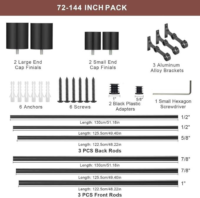 Double Curtain Rods for Window 72 to 144 Inch (6-12ft), Matte Black Double Drapery Rod, Heavy Duty 1 Inch Front and 5/8 Inch Back Decorative Dual Window Rods with Cap Finials