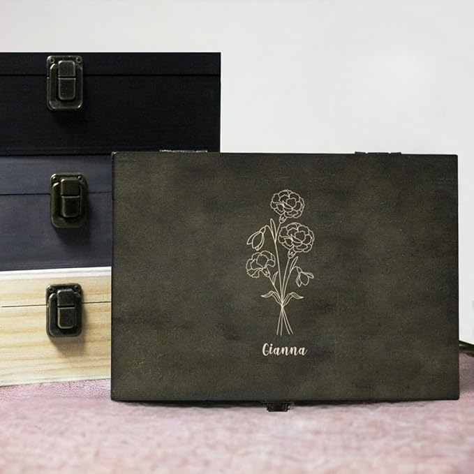 Personalized Birth Flower Memory Box Custom Engraved Wooden Keepsake Chest with Floral Design - Storage Boxes for Jewelry Photos Memento Keepsakes Customized Gifts for Women Birthday Valentine’s day