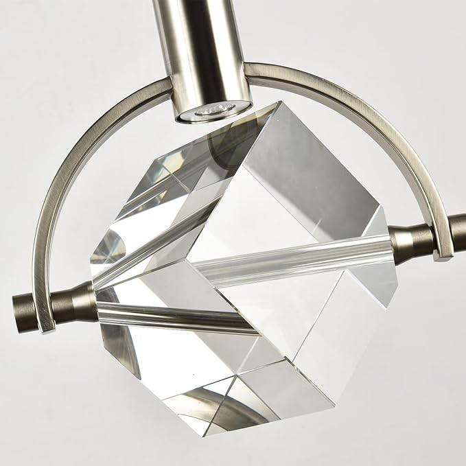 Modern Crystal Pendant Lighting, Brushed Nickel Kitchen Island Pendant Hanging Light Fixture, Cube Crystal Single Light Fixture Dimmable Chandelier for Dining Room, Vanity, Bathroom