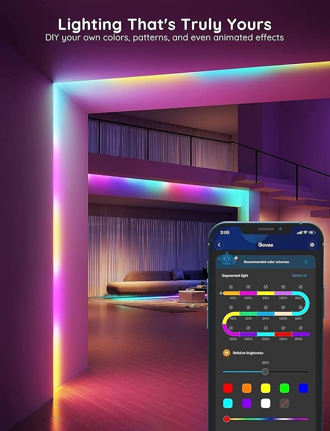 Govee RGBIC LED Strip Lights, 65.6ft Smart LED Lights for Bedroom, Bluetooth LED Strip Lights APP Control, DIY Multiple Colors on One Line, Color Changing LED Lights for Home Decor, 2 Rolls of 32.8ft