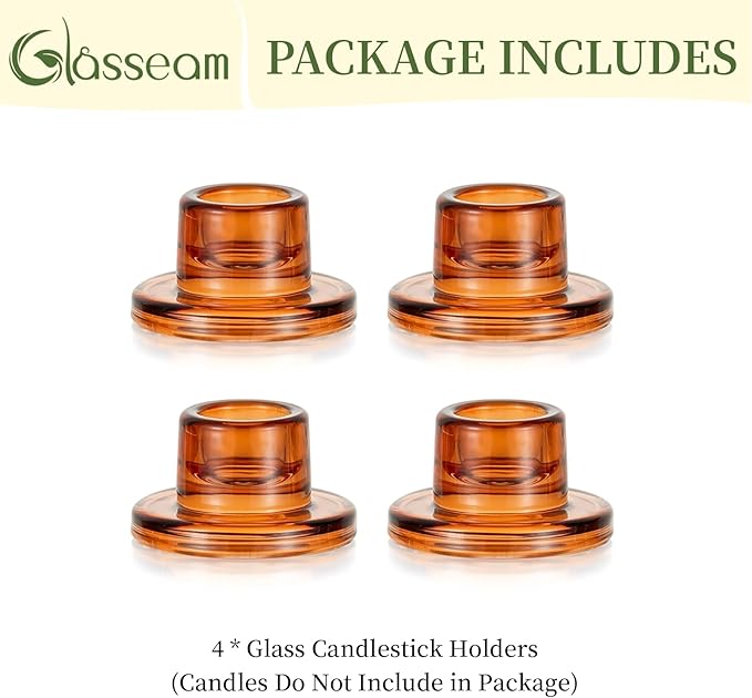 Glasseam Glass Tapered Candlestick Holders: 4Pcs Amber Small Candle Sticks Holder Decor Short Taper Candle Holders for Table Centerpiece Vintage Thanksgiving Christmas Farmhouse Decoration