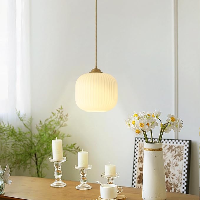 Gold Milk Glass Pendant Light Antique Brass Hanging Light Small White Pendant Lights Kitchen Island Vintage Ribbed Glass Ceiling Light Mid Century Modern Dining Room Pendant Lighting