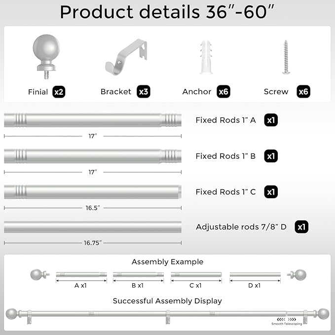 Silver Curtain Rod, 1 Inch Adjustable Heavy Duty Curtain Rods for Windows 30 to 56 Inch, Decorative Modern Window Treatment Rods, Telescopic Splicing Metal Drapery Pole, Easy Installation
