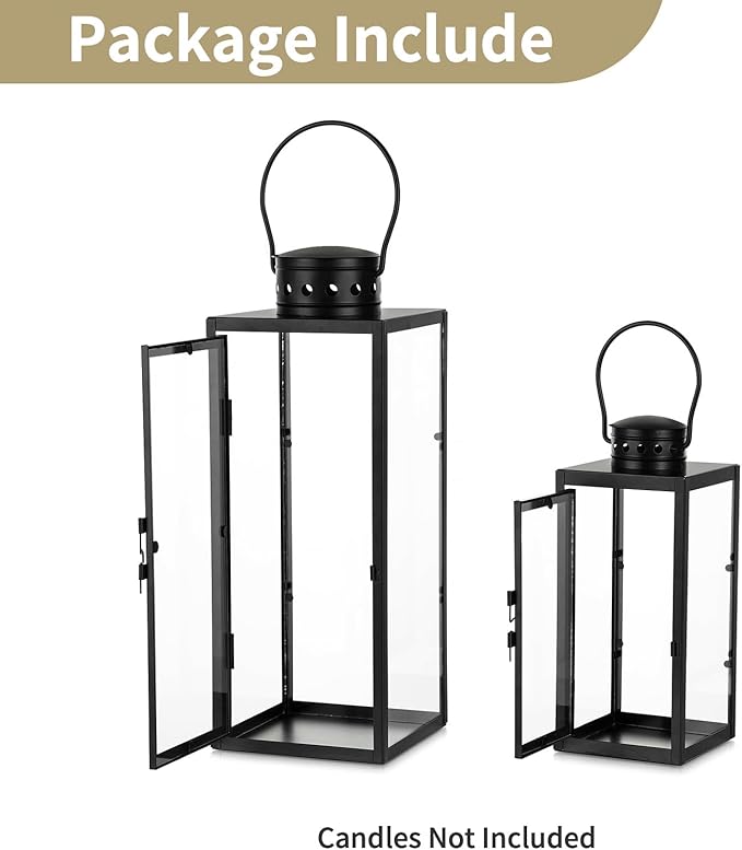 NUPTIO Lanterns Decorative Indoor Black: 9.5 & 13.8 inch Tall Wedding Hurricane Lantern with Glass Panel Set of 2 Modern Iron Candle Holders for Christmas Thanksgiving Front Porch Fireplace Decor