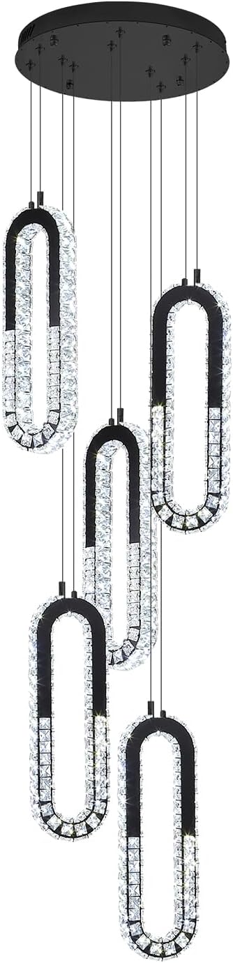 5 Rings Crystal Chandeliers for Staircase Large Pendants Light Fixture Black High Ceiling Chandelier for Entryway Bedroom Foyer 2700K-6000K