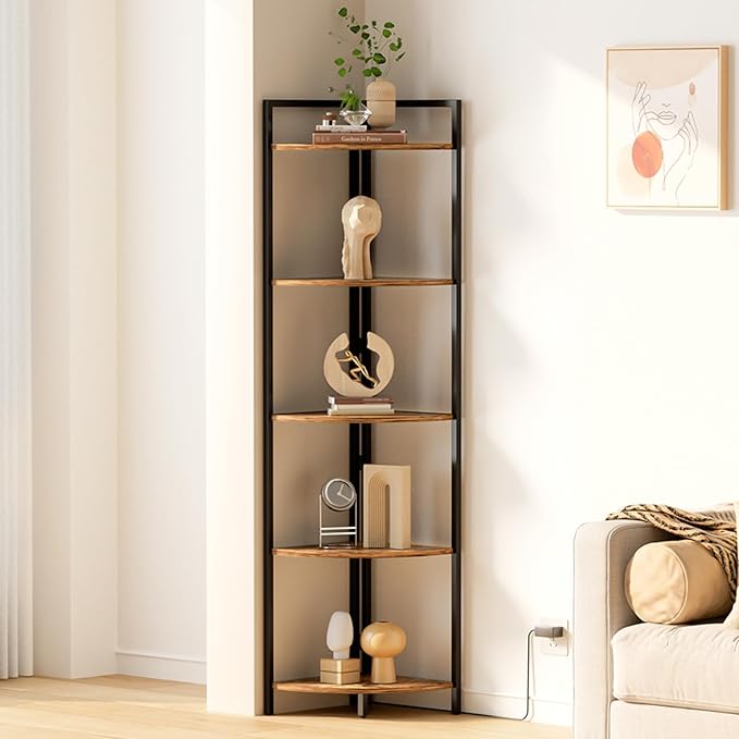 Rustic Tall Corner Shelf with Led Light, 5 Tier Modern Corner Bookshelf for Living Room, Dark Wood and Metal Corner Shelving Unit for Office, Bedroom, Kitchen (Rustic Brown)
