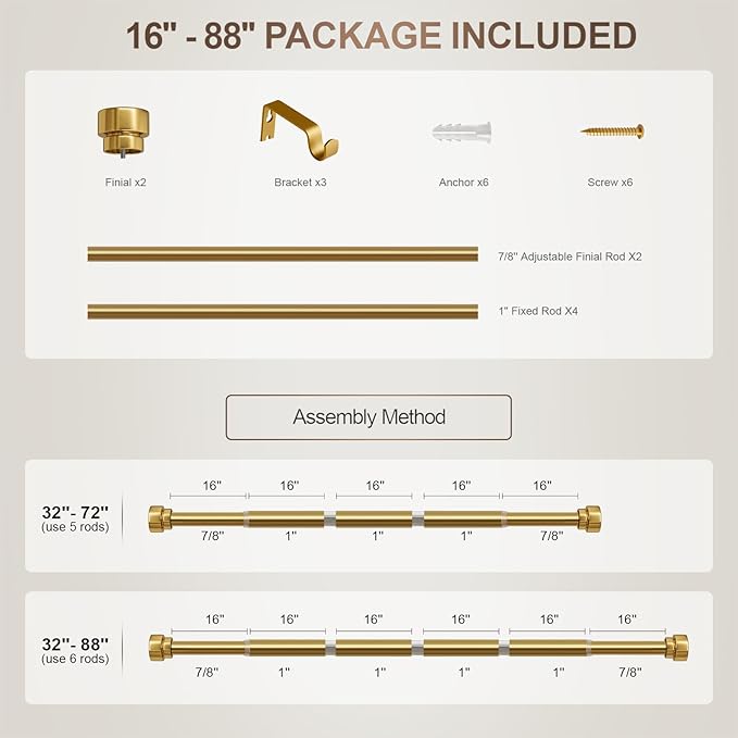 Gold Curtain Rods for Windows 48 to 84 Adjustable Modern Curtain Rod 1 inch Diameter Heavy Duty with Solid Metal Finials for Living Room Bedroom Farmhouse Outdoor Patio