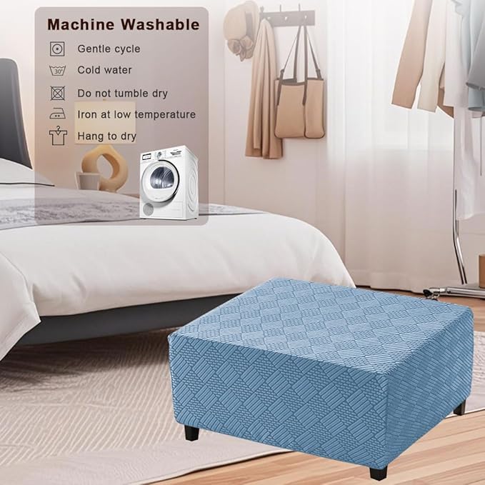 Square Ottoman Cover Large Stretch Storage Ottoman Bench Covers Slipcovers Cube Jacquard Covers for Square Ottomans Coffee Table Footrest Stool Cover with Elastic Bottom L Blue