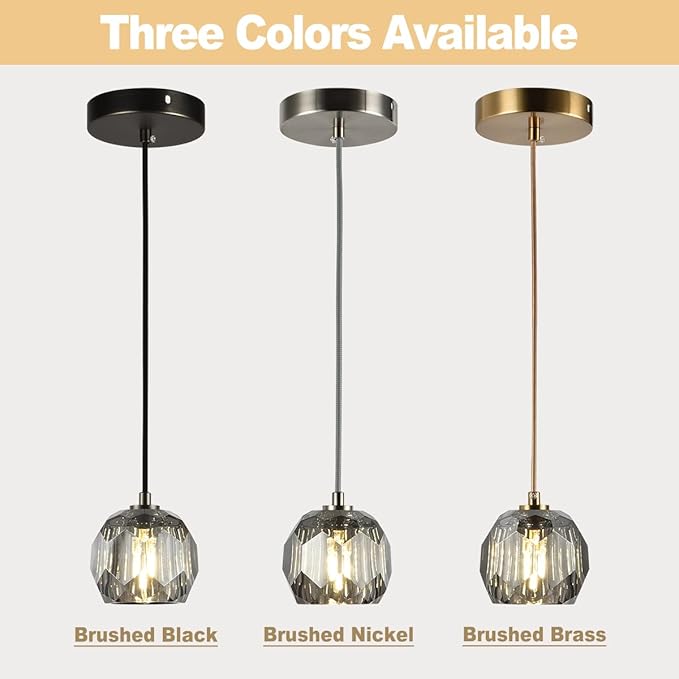 Modern Smoke Pendant Light, Brushed Black Ceiling Light Small Crystal Pendant Light Kitchen Island, Single Pendant Hanging Light Fixture for Dining Room Bathroom