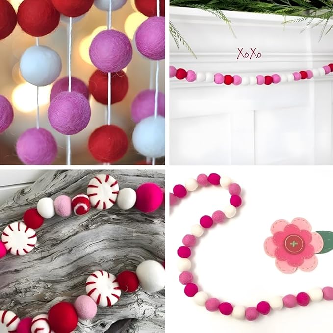Pom Pom Garland Felt Ball Valentine Garland, 100% Wool,6.5 Feet Long,24 Pom-Poms,for Wall Christmas Tree,Parties, Valentine's Day Tree,Weddings Decor