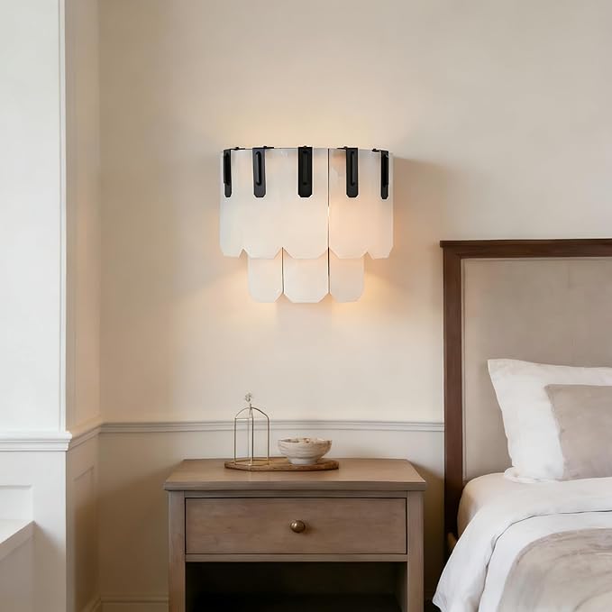 Modern Wall Sconce with Alabaster Shade - Piano Key Design Bathroom Vanity Light for Mirror, Bedroom, Hallway | Hardwired, E12 Bulb, Steel Frame (12" W)