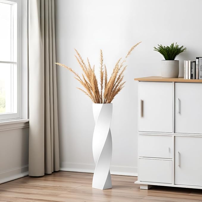 Tall Floor Vase - 23.6 Inch Modern Square Twist Vases for Home Decor, Large Decorative White Vase for Dried Flowers, Pampas Grass, Centerpiece - Matte Finish