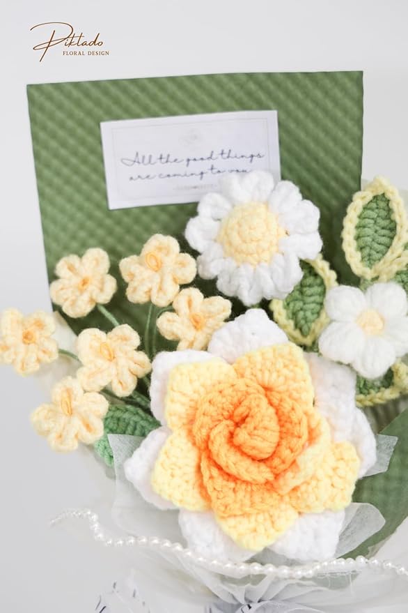 Hand-Woven Flower Bouquet Finished(1pcs) for Valentine's Day Girlfriend Birthday Gift Wedding Decoration Crochet Artificial Flower, Bouquet Gift (Yellow)