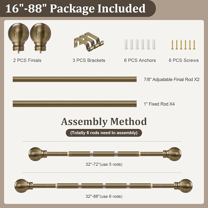 Antique Bronze Curtain Rods for Windows 48 to 84 Inch 1" Diameter Adjustable Heavy Duty Brass Window Curtain Rod with Metal Finials for Living Room Bedroom Farmhouse Kitchen Outdoor