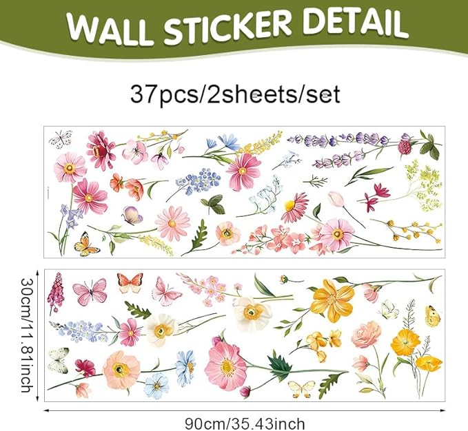 Butterfly and Wild Flower Wall Decals Peel and Stick for Girls Room Wall Decals, Living Room, Nursery, Removable Waterproof Stickers & Murals for Home Decor