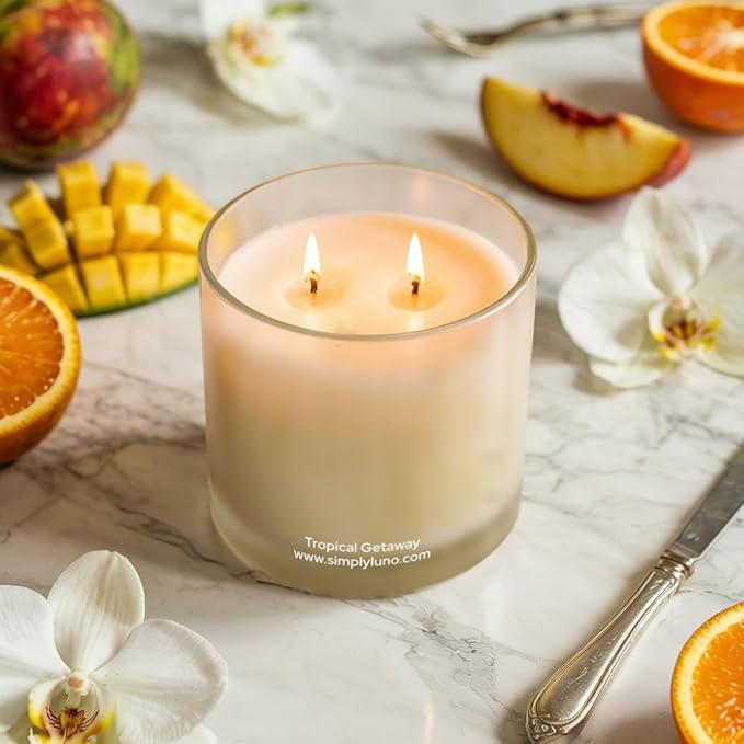 Tropical Getaway - Coconut & Grapefruit Scented Candle – 14oz Soy Wax – Fresh Candle for Home – 50+ Hour Burn – Eco Friendly Gift Box in Reusable Glass Jar with Bamboo Lid