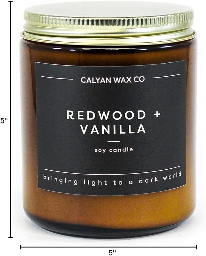 Calyan Wax Co. Redwood & Vanilla Scented Candle - 57 Hour Burn - Luxury Non Toxic Soy Wax Candles - Long Lasting Amber Glass Jar Candle for Home - 7.2oz