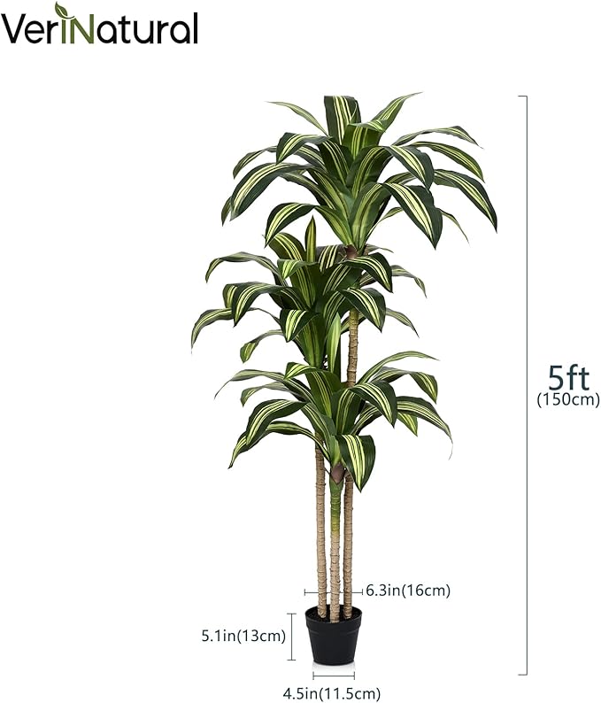 Artificial Dracaena Tree 5FT - Tall Faux Floor Plant with UV-Resistant,Artificial Plants with Lifelike Leaves,Potted Fake Trees for Home, Living Room,Indoor & Outdoor Decor,VN123(Yellow)
