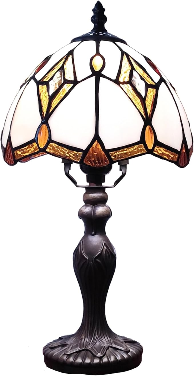Tiffany Table Lamp Yellow Brown Stained Glass Reading Light 3-Way Small Decorate Lamp for Home Living Room Nightstand Bedroom Office Include Light Bulb