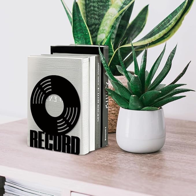 Peacoblue Metal Bookends for Shelves, Modern Decorative Heavy Duty Study Book Support Stoppers for Office, Desk, Shelf, Room 5.3"x4.3"x6.7" Cast Iron Simple Tall Bookends, 1 Pair (Vinyl Records)