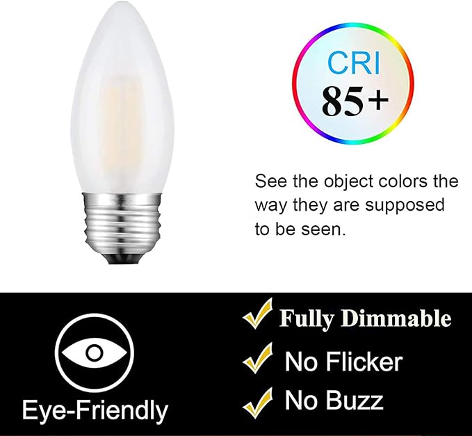 Dimmable 60 Watt Equivalent B11 LED Filament Bulb E26 Candelabra Medium Base 2700K Warm White, Chandelier Decorative Candle Light Bulbs, 6W E26 Frosted Glass LED Edison Bulbs, Pack of 6