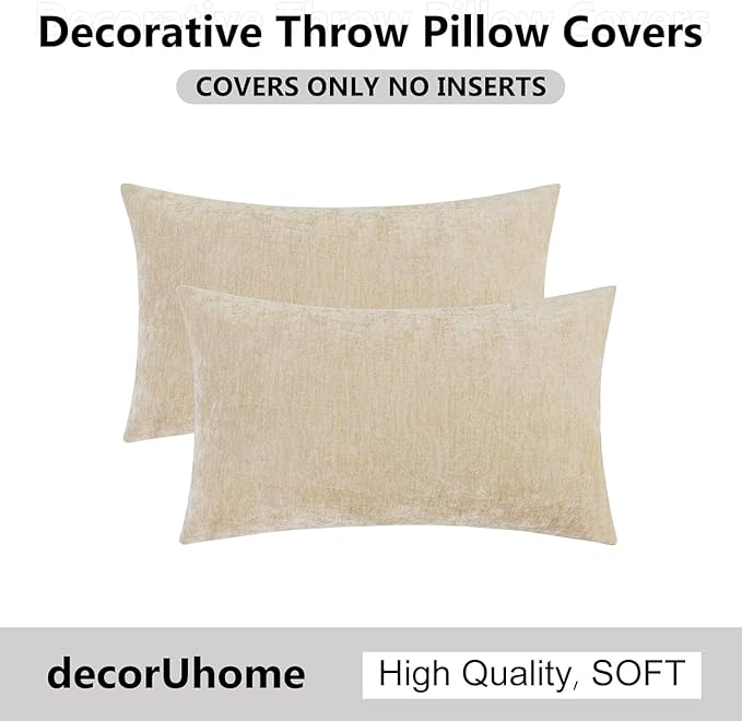 decorUhome Chenille Beige Christmas Throw Pillow Covers 12x20 Inch Set of 2, Decorative Soft Couch Pillow Covers Solid Dyed Accent Farmhouse Neutral Rectangle Pillow Cases for Sofa