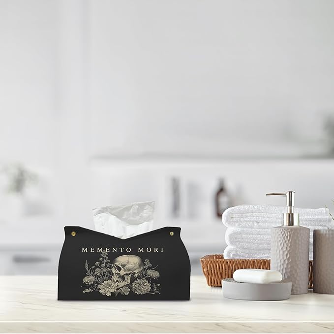 Memento Mori Skull Blck Leather Tissue Box Cover Rectangle,Academia Catholic Toilet Paper Box Holder,Gothic Decorative Facial Paper Case for Living Room Kitchen Office Desk,9.8x5.9x5.9