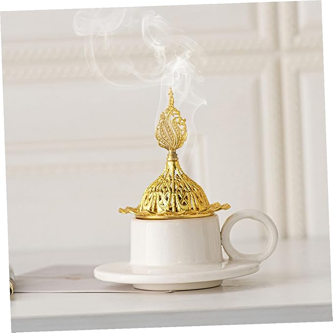 TEHAUX Vintage Ceramic Cone Incense Burner with Metal Handle Minimalist Elegant Decorative Censer Holder for Home Decor Portable Lightweight Aromatherapy Accessory Sophisticated Table