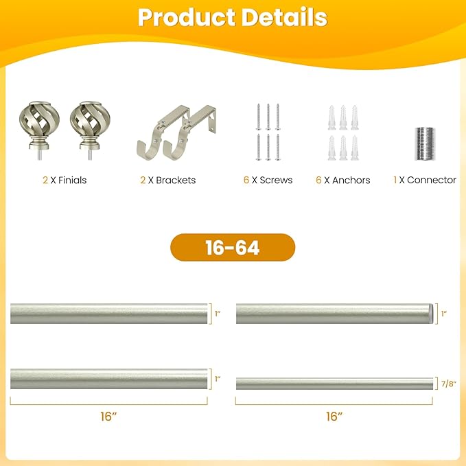 Curtain Rod for Windows 28 to 48 inches: 1 inch Diameter Heavy-duty Adjustable Decorative Curtain Rod, Silver Boho Rustic Drapery Rods with Twisted Cage Finials for Bedroom & Living Room