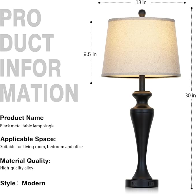 30 Inch Black Table Lamp Single, 3-Way Dimmable Touch Control Living Room Lamps with USB A+C Ports and AC Outlet, Tall Bedside Lamps for Nightstand, Modern Metal Bedroom Lamp, Bulb Included