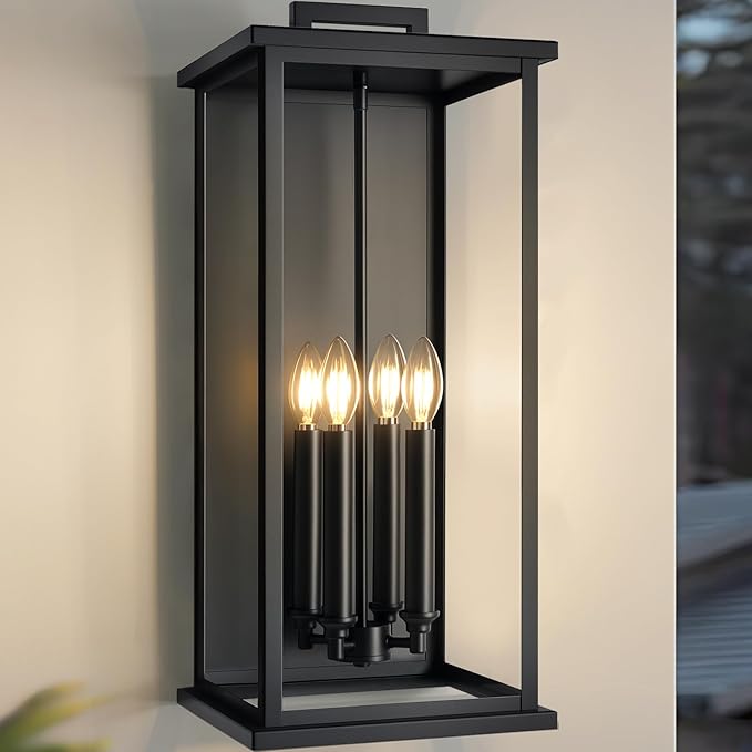 Extra Large Black Outdoor Light Fixtures Wall Mount,Modern Outdoor Wall Lantern,Exterior Porch Garage Light, Outside Sconce for House,Entryway with Thick Glass Shades & E12 Base