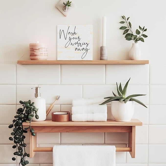 Funny Rustic Wood Sign - Wash Your Worries Away - Wood Block Sign for Shelf, Toilet, Restroom, Home, Tabletop, Desk Decor - Farmhouse Bathroom Wooden Box Sign