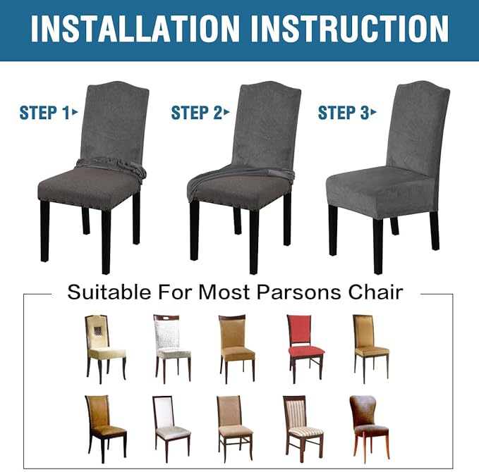 H.VERSAILTEX Velvet Dining Chair Covers Stretch Chair Covers for Dining Room Set of 2 Parson Chair Slipcovers Chair Protectors Covers Dining, Soft Thick Solid Velvet Fabric Washable, Grey Striped