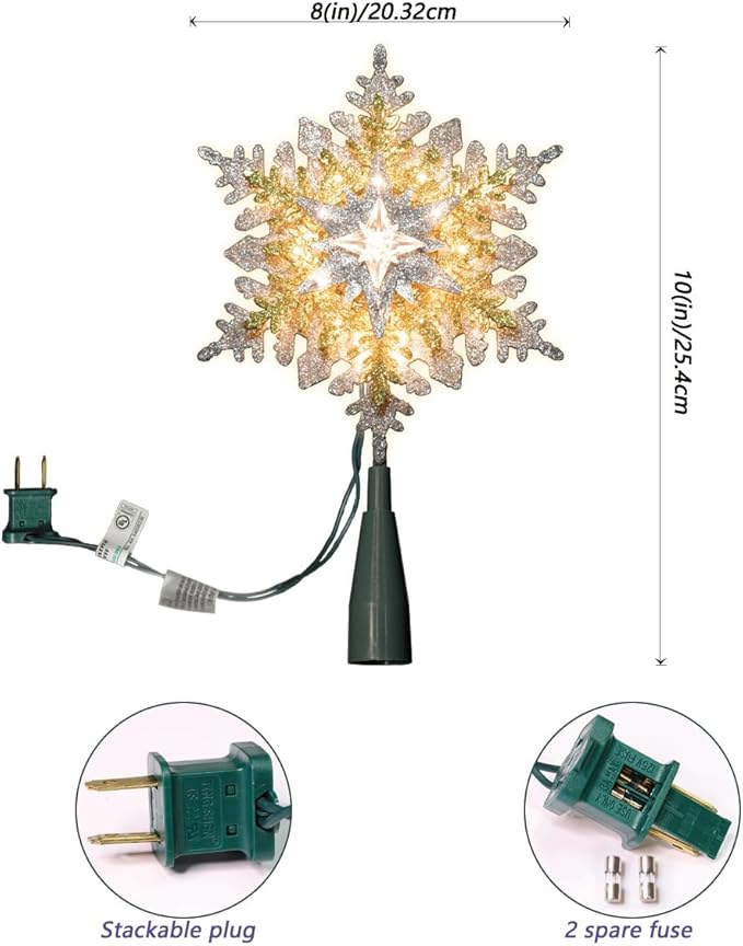 LAMPHOME 10" 20L Lighted Gold/Silver Stacked Snowflake Tree Topper, Lighted Snowflake Tree Topper, Silver and Gold Warm White