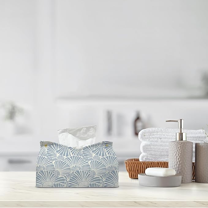 Light Blue Shell Leather Tissue Box Cover Rectangle,Coastal Toilet Paper Box Holder,Beach House Decor Facial Paper Case for use Living Room Bathroom Kitchen Office Desk,9.8x5.9x5.9In