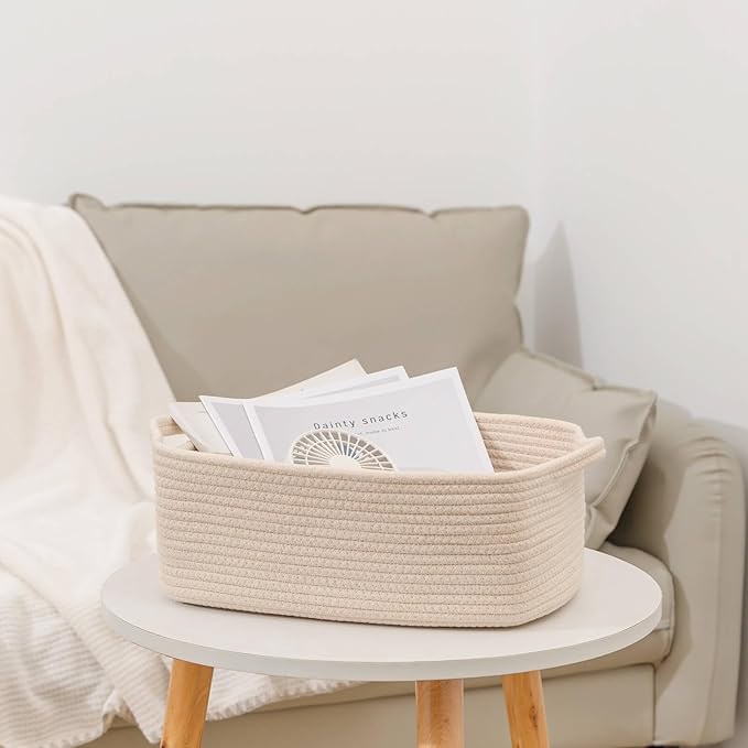 CubesLand Cube Storage Organizer Basket Bin, Rectangular Cotton Rope Basket, 14x10x7.08IN Beige