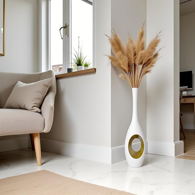 23.6 Inch White Vases – Modern Oval Floor Vase with Gold Cutouts & Slim Neck, Luxury Decorative Tall Vases for Living Room, Wedding, Office Decor – Resin Tall Floor Vase