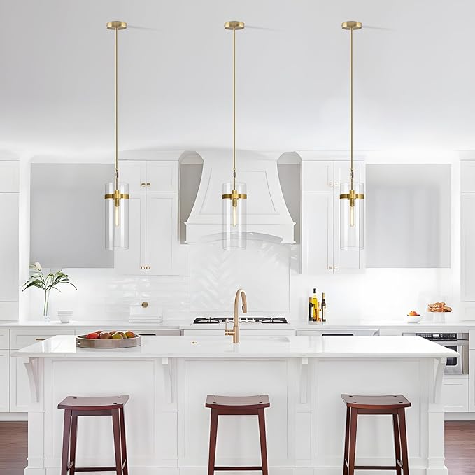 Modern Brass Large Glass Kitchen Island Pendant Light, 6'' Brass Clear Adjustable Island Pendant Lights,1 Light Indoor Pendant Light, for Kitchen Dining Bathroom