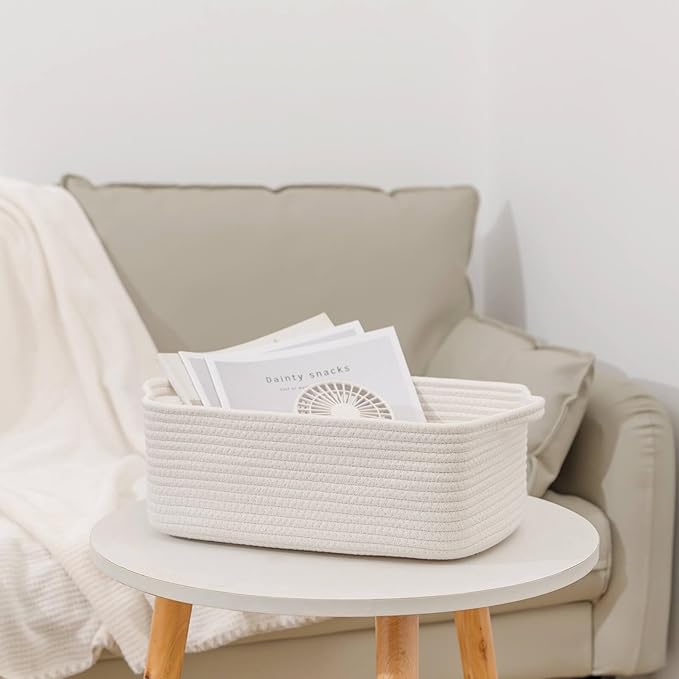 CubesLand Woven Cotton Rope Basket for Laundry, Book, Nursery, Clothes, Shoes, Toys Organizing and Bedroom Home&Living Room Decor, with Durable Handle, Rectangular 14x10x7.08IN White