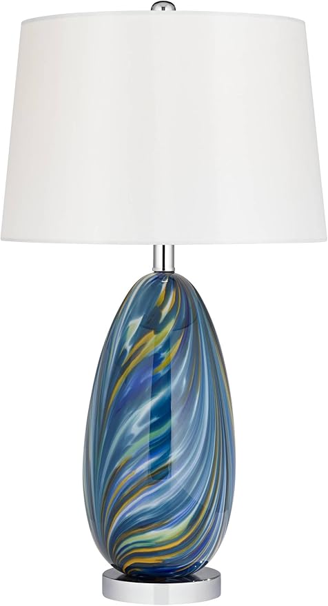Possini Euro Design Pablo Modern Style 3-Way Table Lamp with Table Top Dimmer 27" Tall Multi Color Blue Art Glass Fabric Drum Shade for Living Room Bedroom Bedside Nightstand Home (Color May Vary)