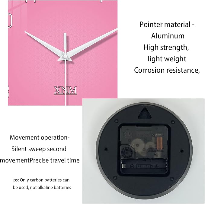 XNM Pink Clock for Girls Bedroom Small Wall Clock Battery Operated 14 Inch Glass Analog Wall Clock Non Ticking