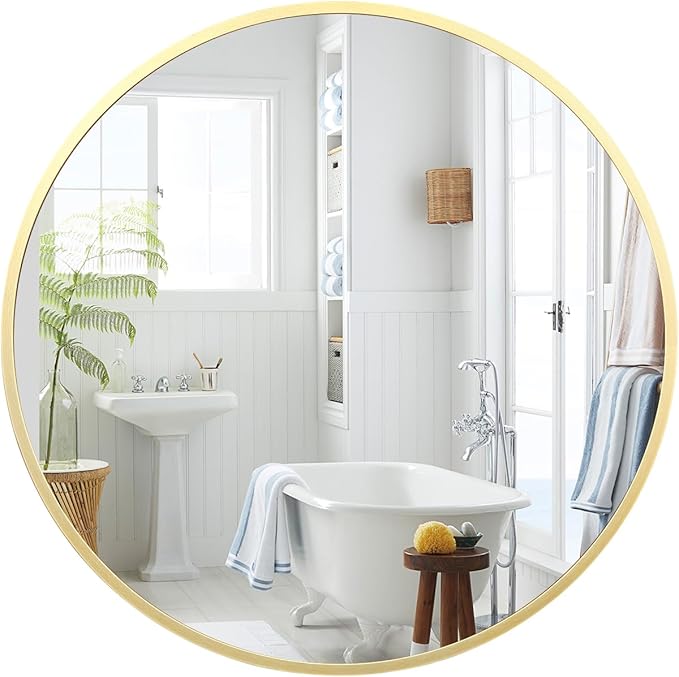 Gold Circle Mirror for Wall 32 Inch, Round Mirror, HD Eco-Friendly Round Bathroom Mirror for Over Sink, Big Matte Gold Metal Framed Mirror for Wall, Vanity, Entryway, Hallway, Easy to Install