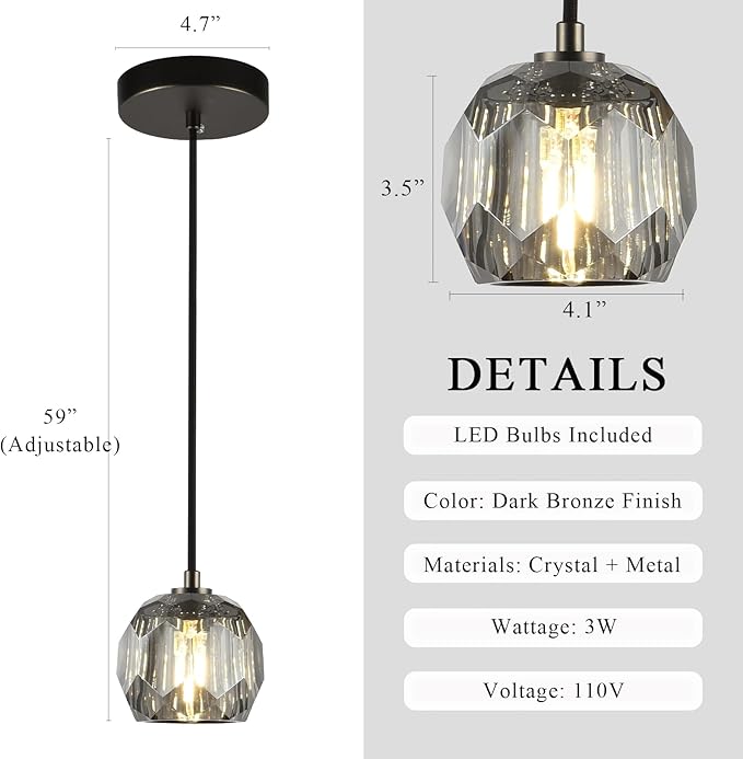 Small Crystal Hanging Lights, Modern Black 1 Light Pendant Light Fixture, Small Raindrop Farmhouse Chandelier for Bedroom Dining Room Kitchen Island Entryway